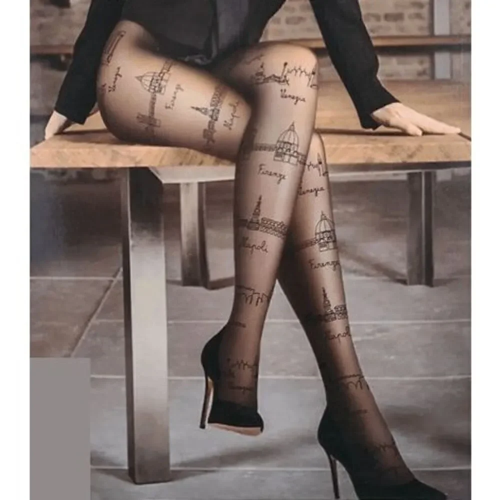 🏙️ Travel Cities Tattoo Printed Tights Black Sheer Nylon Pantyhose Hosiery NEW